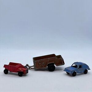 Lot/3 VTG Tootsie Toys Die-Cast Metal Blue VW Red Dump Truck & Military Trailer